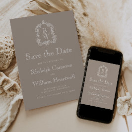 Classic Taupe Monogram Crest Script Save The Date