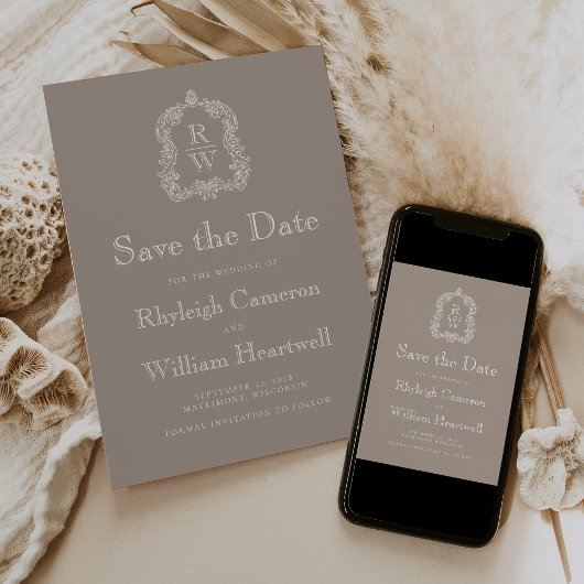Classic Taupe Monogram Crest Script Save The Date