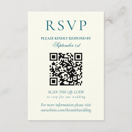 Classic Teal Blue Minimalist Wedding QR Code RSVP Kaartje (Voorkant)