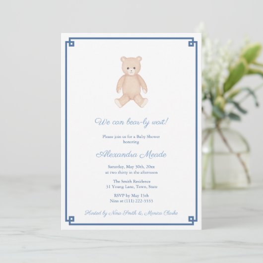 Classic Teddy Bear Boy Baby shower Party Kaart (Staand voorkant)