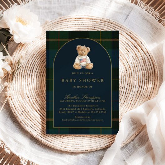 Classic Teddy Bear Green & Blue Plaid Baby Shower Kaart