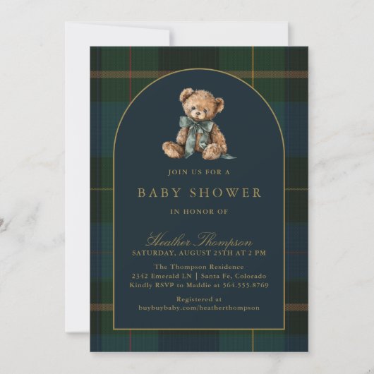 Classic Teddy Bear Green & Blue Plaid Baby Shower Kaart (Voorkant)