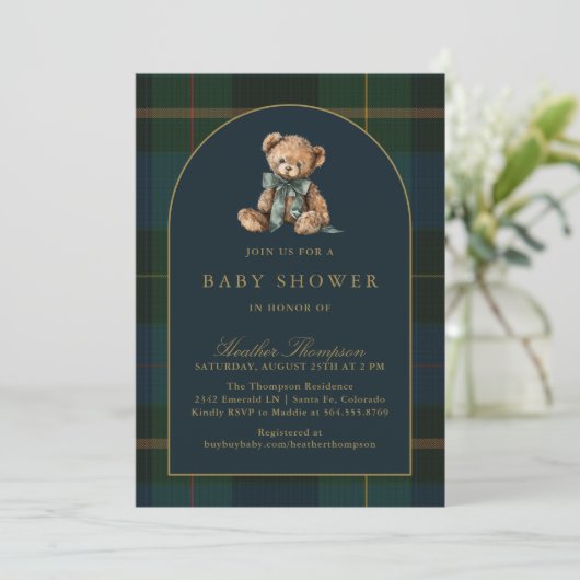 Classic Teddy Bear Green & Blue Plaid Baby Shower Kaart (Staand voorkant)