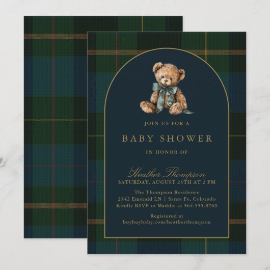 Classic Teddy Bear Green & Blue Plaid Baby Shower Kaart (Voorkant / Achterkant)