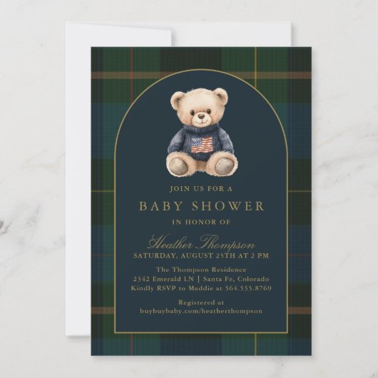 Classic Teddy Bear Green Plaid Baby Shower Kaart (Voorkant)