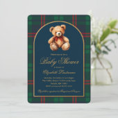 Classic Teddy Bear Navy Plaid Preppy Baby Shower Kaart (Staand voorkant)