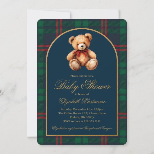 Classic Teddy Bear Navy Plaid Preppy Baby Shower Kaart (Voorkant)