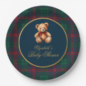 Classic Teddy Bear Navy Plaid Preppy Baby Shower Papieren Bordje (Voorkant)