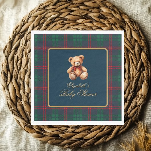 Classic Teddy Bear Navy Plaid Preppy Baby Shower Servet