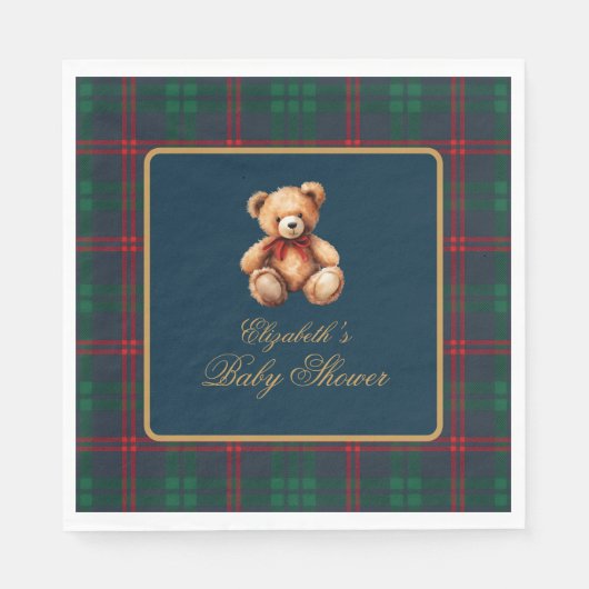 Classic Teddy Bear Navy Plaid Preppy Baby Shower Servet (Voorkant)