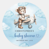 Classic Teddy Bear Pilot Blue Brown Baby Shower  Ronde Sticker (Voorkant)
