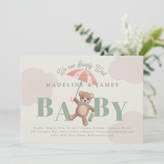 Classic Teddy Bear Sage Barly Wachten Baby shower Kaart (Staand voorkant)