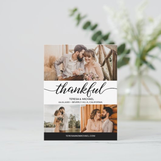Classic Thankful Script 3 Fotohuwelijk Briefkaart (Staand voorkant)