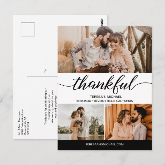 Classic Thankful Script 3 Fotohuwelijk Briefkaart (Voorkant / Achterkant)