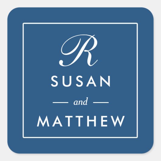 Classic Thin Border Monogram Sticker, Navy Blue Vierkante Sticker (Voorkant)