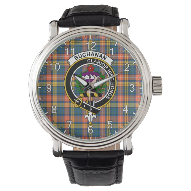 Classic Timeless Clan Buchanan Ancient Tartan Badg Horloge (Voorkant)