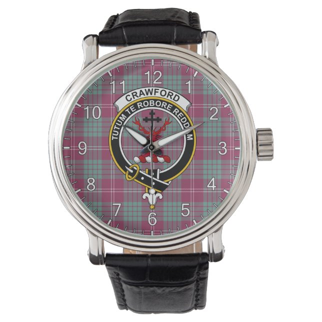 Classic Timeless Clan Crawford Ancient Tartan Badg Horloge (Voorkant)