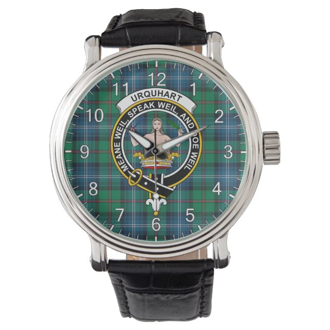 Classic Timeless Clan Urquhart Ancient Tartan Badg Horloge (Voorkant)