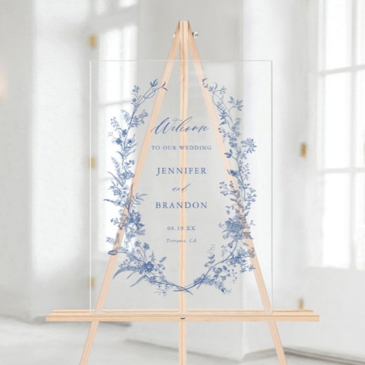 Classic Toile Blue Floral Wedding Welkom Acryl Bord