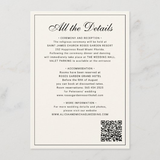 Classic traditional balck ivory wedding details informatiekaartje (Voorkant)