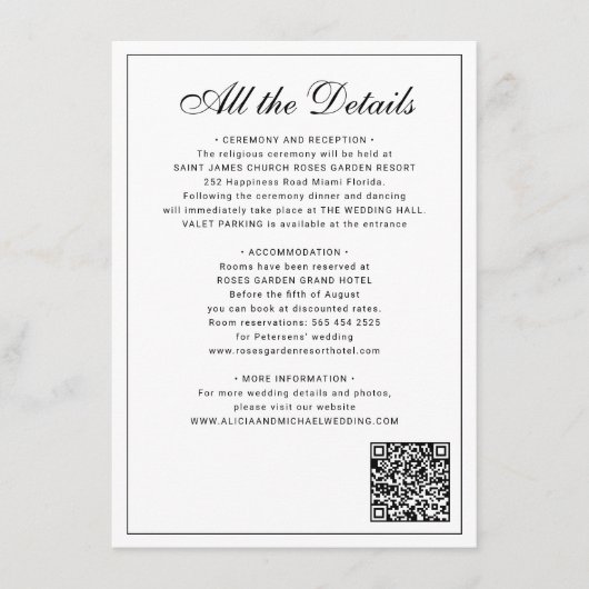 Classic traditional balck white wedding details informatiekaartje (Voorkant)
