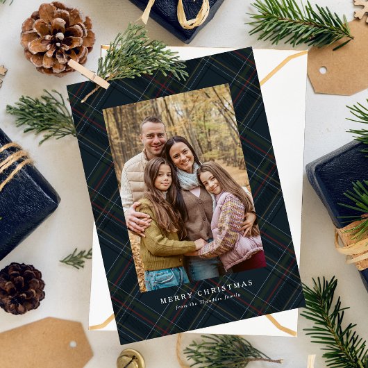 Classic traditional navy plaid two photo Christmas Feestdagenkaart