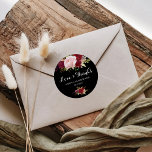 Classic Tropical Black Love & Bedankt Wedding Ronde Sticker<br><div class="desc">Deze klassieke tropische zwarte liefde & bedankt bruiloftsklassieker rond sticker is ideaal voor een rustieke bruiloft. Het design van de bordo marsala is voorzien van waterverf,  groen,  roze,  bordeauxrode en blozende rozen,  geassorteerd met groen,  netjes gerangschikt in een sierlijk en stralend bloemenboeket.</div>
