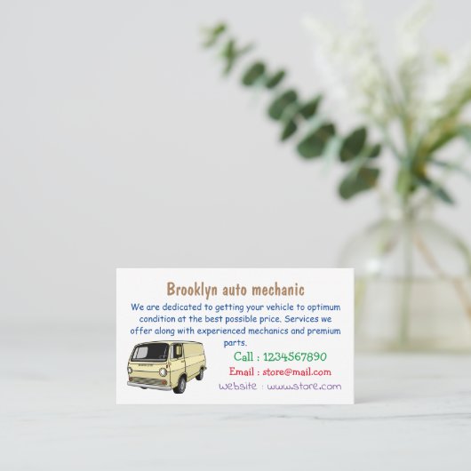 Classic van cartoon illustratie visitekaartje (Staand voorkant)