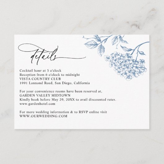 Classic Victoriaans Blauw Bloemen Trouwdetails Kaa Informatiekaartje (Voorkant)