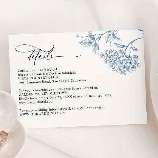 Classic Victoriaans Blauw Bloemen Trouwdetails Kaa Informatiekaartje