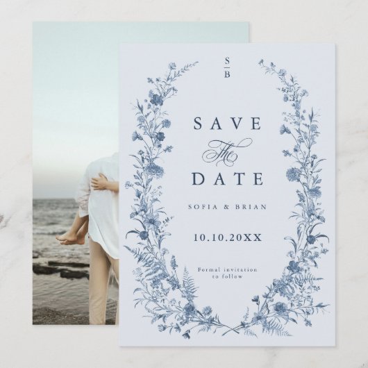 Classic Victorian Blue French Garden Chic Photo Save The Date (Voorkant / Achterkant)
