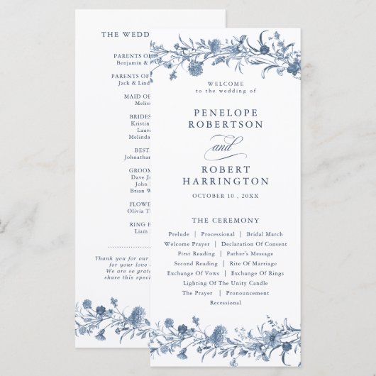 Classic Victorian Blue French Garden Chic Wedding Programmakaart (Voorkant / Achterkant)