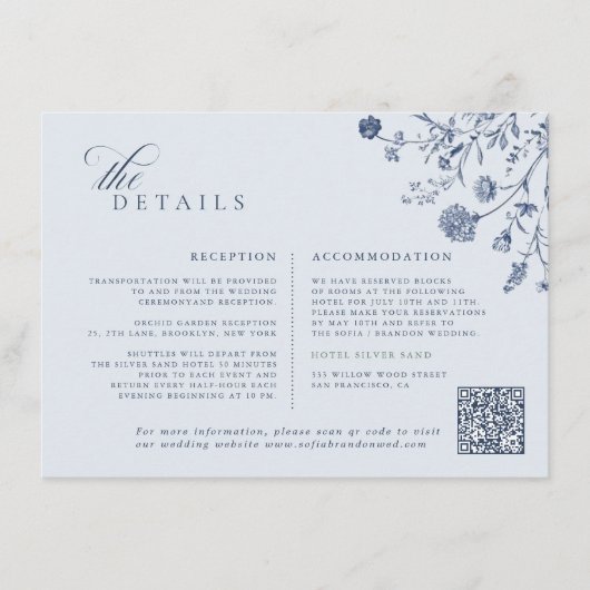 Classic Victorian Blue French QR Code Wedding Informatiekaartje (Voorkant)