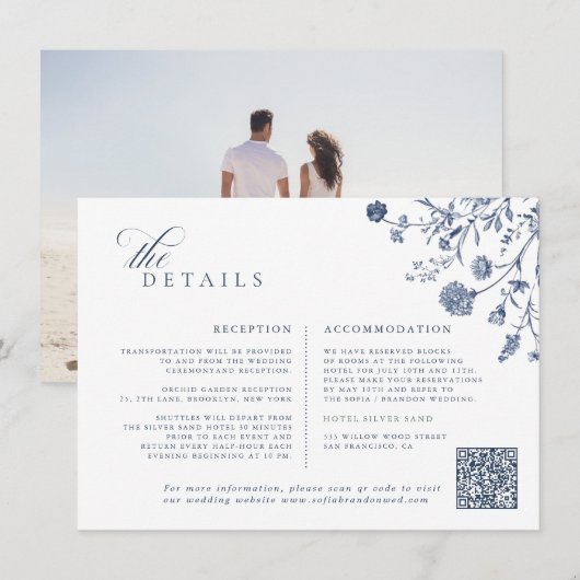 Classic Victorian Blue French QR Code Wedding Informatiekaartje (Voorkant / Achterkant)
