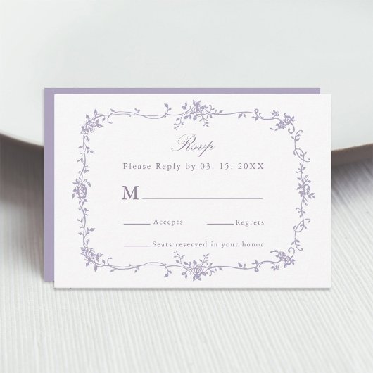 Classic Victorian Lavender Floral Frame Wedding RSVP Kaartje