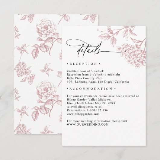 Classic Victorian Pink Floral Wedding Details Informatiekaartje (Voorkant / Achterkant)