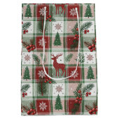 Classic Vintage Christmas Plaid & Holly Pattern Medium Cadeauzakje (Achterkant)