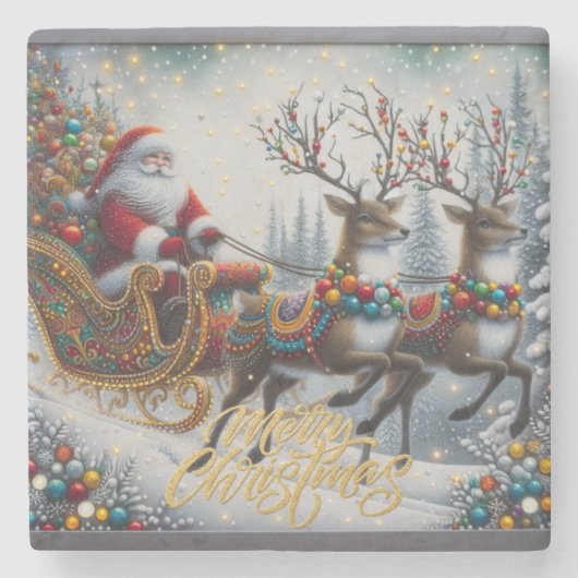 Classic/Vintage Kerstman & rendier Stenen Onderzetter (Voorkant)