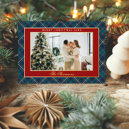 Classic Vintage Red Plaid Photo Christmas Gold Folie Feestdagenkaart