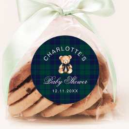 Classic Vintage Teddy bear Plaid Baby Shower Ronde Sticker