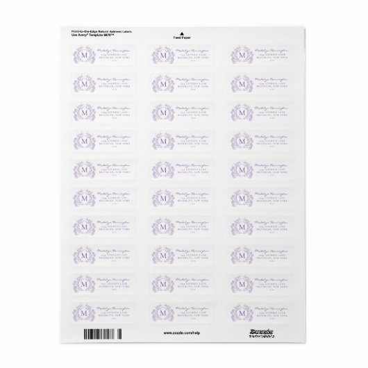 Classic Violet Floral Crest Monogram Adres Etiket (Full Sheet)