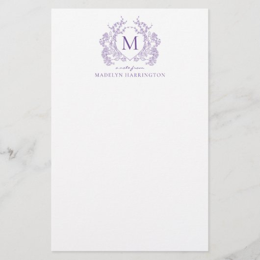 Classic Violet Floral Crest Monogram Briefpapier (Voorkant)