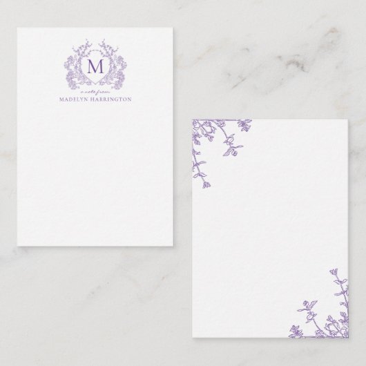 Classic Violet Floral Crest Monogram Notitiekaartje (Voorkant / Achterkant)