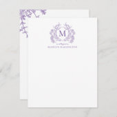 Classic Violet Floral Crest Monogram Notitiekaartje (Voorkant / Achterkant)