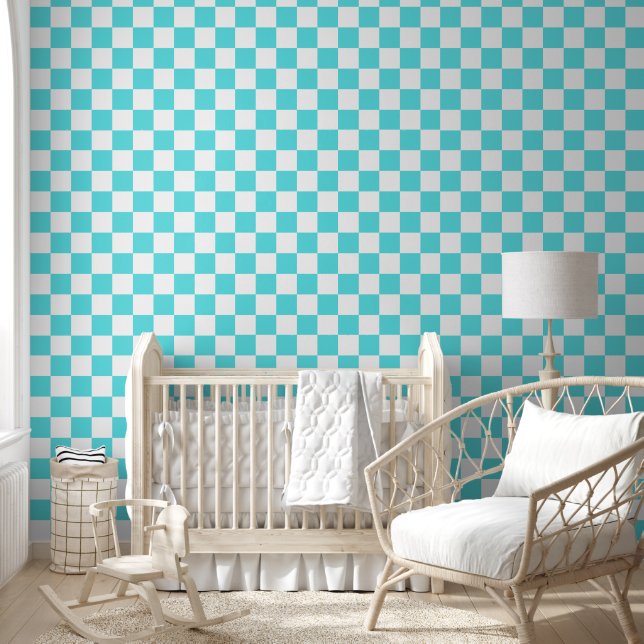 Classic visual turquoise blue checkerboard  behang (Kinderen)
