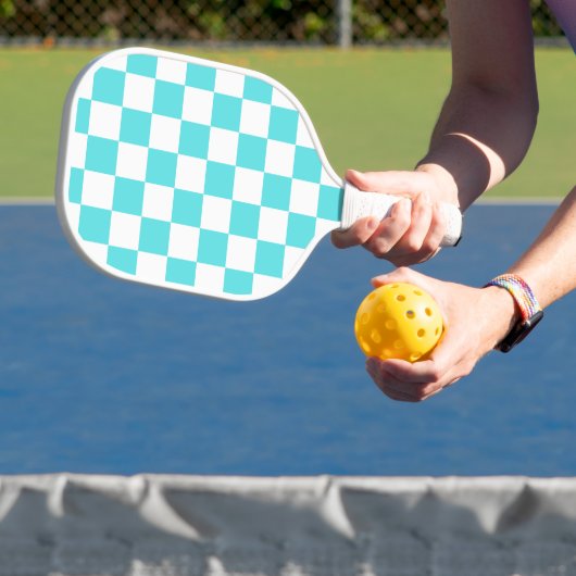 Classic visual turquoise blue checkerboard  pickleball paddle (Insitu)
