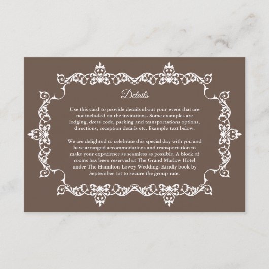 Classic Warm Mocha Brown Ornately Framed Wedding Informatiekaartje (Voorkant)