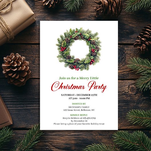Classic Watercolor Christmas Wreath Invitation Kaart