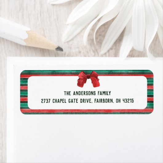 Classic Watercolor Red Bow & Stripes Christmas  Etiket (Insitu)