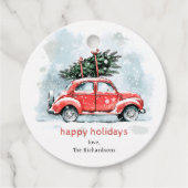 Classic Watercolor Red Car Christmas Tree Holiday  Bedankjes Labels (Voorkant)